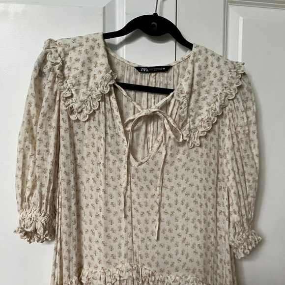 ZARA Floral Printed Muslin Midi Prairie Cottage Dress Ecru Beige - Picture 3 of 9